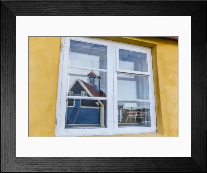 Framed Print : Church reflected in brightly painted house window in Sisimiut, Greenland, Polar Regions Framed Print : Church reflected in brightly painted house window in Sisimiut, Greenland, Polar Regions