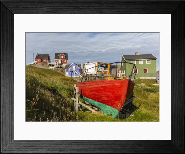 Framed Print : Brightly painted houses and boat in Sisimiut, Greenland, Polar Regions Framed Print : Brightly painted houses and boat in Sisimiut, Greenland, Polar Regions