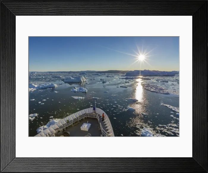 Framed Print : Expeditions ship amongst huge icebergs, Ilulissat, Greenland, Polar Regions Framed Print : Expeditions ship amongst huge icebergs, Ilulissat, Greenland, Polar Regions