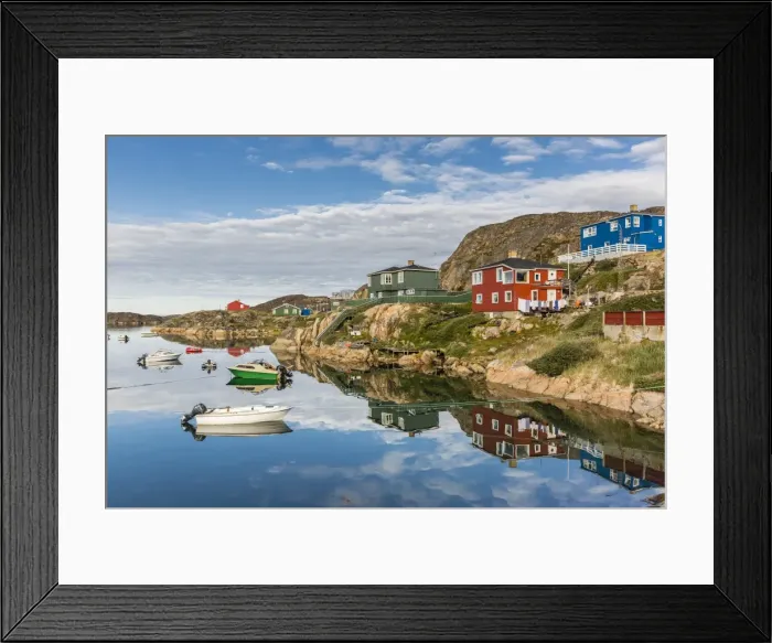 Framed Print : Calm waters reflect the brightly colored houses in Sisimiut, Greenland, Polar Regions Framed Print : Calm waters reflect the brightly colored houses in Sisimiut, Greenland, Polar Regions