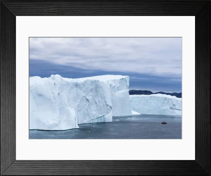 Framed Print : A Zodiac amongst huge icebergs calved from the Ilulissat Glacier, UNESCO World Heritage Site, Ilulissat, Greenland, Polar Regions