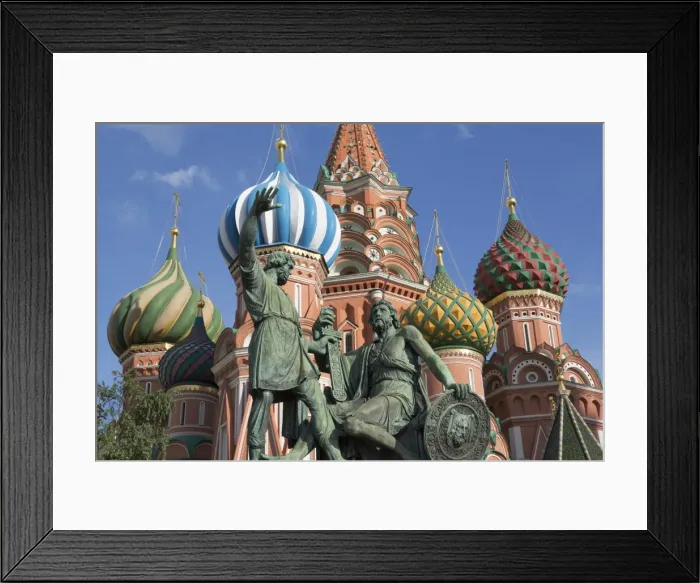 Framed Print : Statue of Minin and Pozharskiy and the onion domes of St. Basils Cathedral in Red Square, UNESCO World Heritage Site, Moscow, Russia, Europe