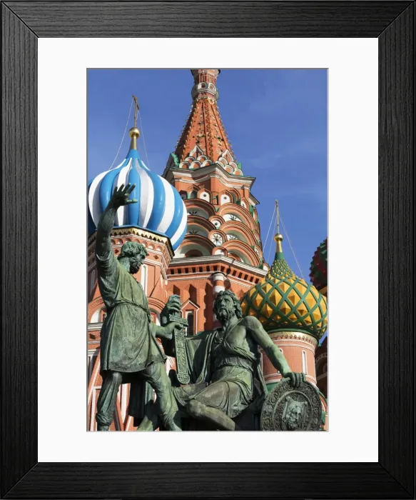 Framed Print : Statue of Minin and Pozharskiy and the onion domes of St. Basils Cathedral in Red Square, UNESCO World Heritage Site, Moscow, Russia, Europe Framed Print : Statue of Minin and Pozharskiy and the onion domes of St. Basils Cathedral in Red Square, UNESCO World Heritage Site, Moscow, Russia, Europe