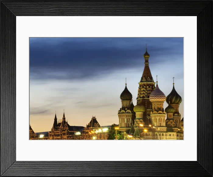 Framed Print : The onion domes of St. Basils Cathedral and Gum department store in Red Square illuminated at night, UNESCO World Heritage Site, Moscow, Russia, Europe Framed Print : The onion domes of St. Basils Cathedral and Gum department store in Red Square illuminated at night, UNESCO World Heritage Site, Moscow, Russia, Europe