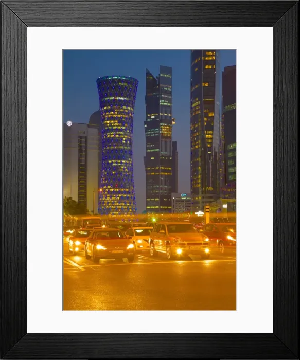 Framed Print : Contemporary architecture and traffic at dusk in the City Centre, Doha, Qatar, Middle East Framed Print : Contemporary architecture and traffic at dusk in the City Centre, Doha, Qatar, Middle East