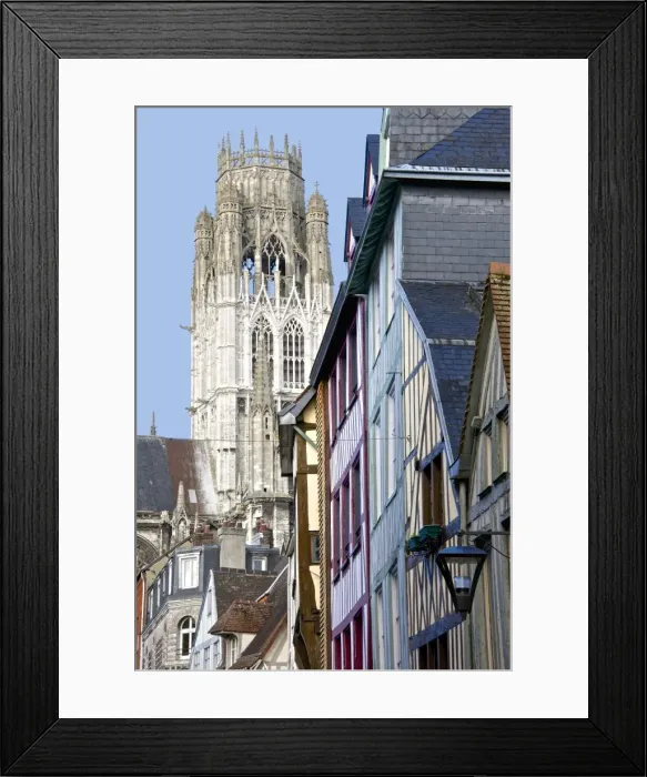 Framed Print : Detail of Central Tower of Saint Maclou church dating from the 15th century, and half timbered houses, Rouen, Upper Normandy, France, Europe Framed Print : Detail of Central Tower of Saint Maclou church dating from the 15th century, and half timbered houses, Rouen, Upper Normandy, France, Europe