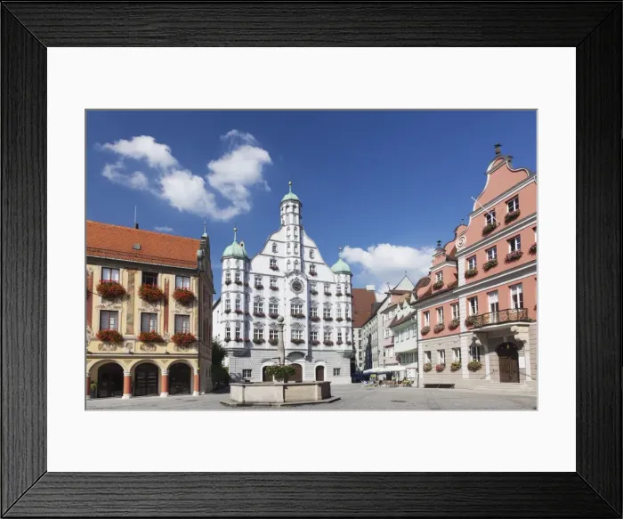 Framed Print : Town Hall with Steuerhaus building and Grosszunft building at market square, Memmingen, Schwaben, Bavaria, Germany, Europe