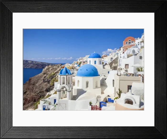 Framed Print : Greek church with three blue domes in the village of Oia, Santorini (Thira), Cyclades Islands, Greek Islands, Greece, Europe Framed Print : Greek church with three blue domes in the village of Oia, Santorini (Thira), Cyclades Islands, Greek Islands, Greece, Europe