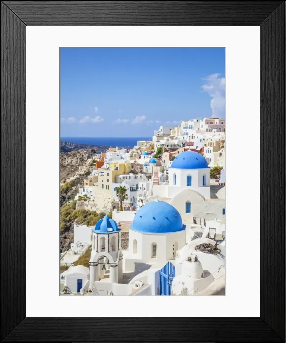 Framed Print : Greek church with three blue domes in the village of Oia, Santorini (Thira), Cyclades Islands, Greek Islands, Greece, Europe Framed Print : Greek church with three blue domes in the village of Oia, Santorini (Thira), Cyclades Islands, Greek Islands, Greece, Europe