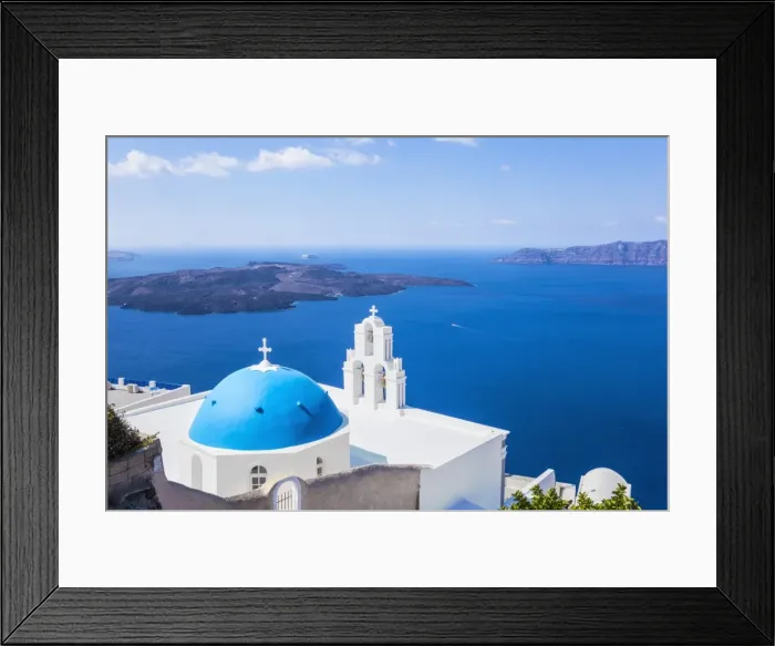Framed Print : Blue dome and bell tower above Aegean Sea, St. Gerasimos church, Firostefani, Fira, Santorini (Thira), Cyclades Islands, Greek Islands, Greece, Europe Framed Print : Blue dome and bell tower above Aegean Sea, St. Gerasimos church, Firostefani, Fira, Santorini (Thira), Cyclades Islands, Greek Islands, Greece, Europe