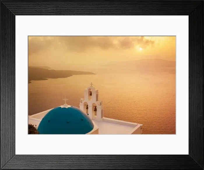 Framed Print : Blue dome and bell tower at sunset, St. Gerasimos church and Aegean Sea, Firostefani, Fira, Santorini (Thira), Cyclades Islands, Greek Islands, Greece, Europe Framed Print : Blue dome and bell tower at sunset, St. Gerasimos church and Aegean Sea, Firostefani, Fira, Santorini (Thira), Cyclades Islands, Greek Islands, Greece, Europe