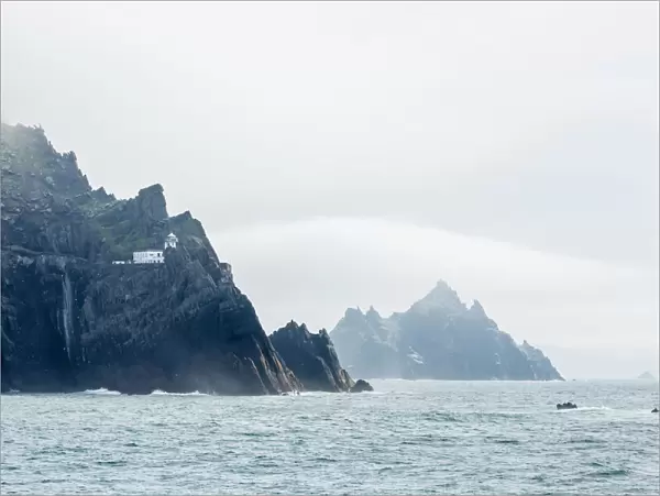 Fog shrouds the Skellig Islands, Great Skellig Michael in the foreground, Little Skellig behind, County Kerry, Munster, Irish Sea, Republic of Ireland, Europe