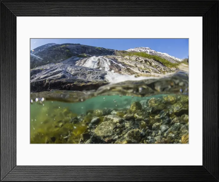 Framed Print : Above and below view of ice melt waterfall cascading down in Svartisen National Park, Melfjord, Nordfjord, Norway, Scandinavia, Europe Framed Print : Above and below view of ice melt waterfall cascading down in Svartisen National Park, Melfjord, Nordfjord, Norway, Scandinavia, Europe