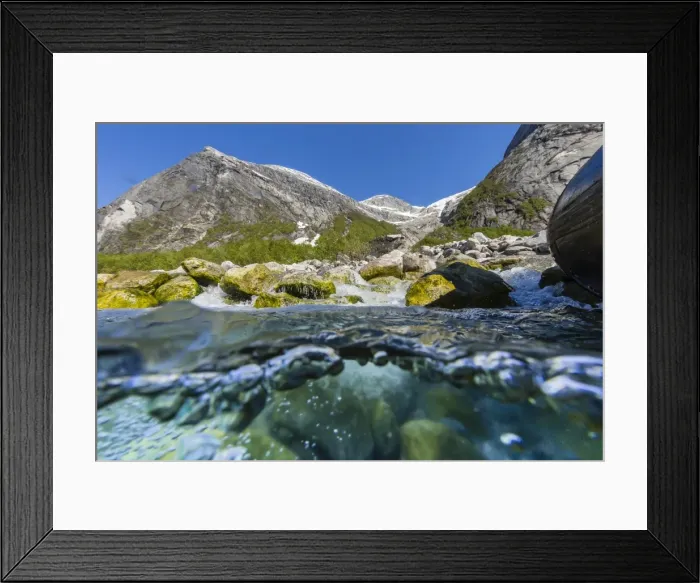 Framed Print : Above and below view of ice melt waterfall cascading down in Svartisen National Park, Melfjord, Nordfjord, Norway, Scandinavia, Europe Framed Print : Above and below view of ice melt waterfall cascading down in Svartisen National Park, Melfjord, Nordfjord, Norway, Scandinavia, Europe