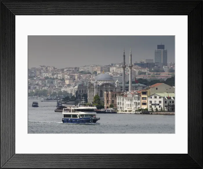 Framed Print : Ortakoy Mecidiye Mosque and passenger ferry, Ortakoy, from Bosphorus Strait with Istanbul city skyline behind, Istanbul, Turkey, Europe Framed Print : Ortakoy Mecidiye Mosque and passenger ferry, Ortakoy, from Bosphorus Strait with Istanbul city skyline behind, Istanbul, Turkey, Europe