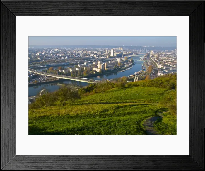 Framed Print : River Seine bends, with bridges, Lacroix Island and open air fairground, seen from Saint Catherine Hill, Rouen, Upper Normandy, France, Europe Framed Print : River Seine bends, with bridges, Lacroix Island and open air fairground, seen from Saint Catherine Hill, Rouen, Upper Normandy, France, Europe