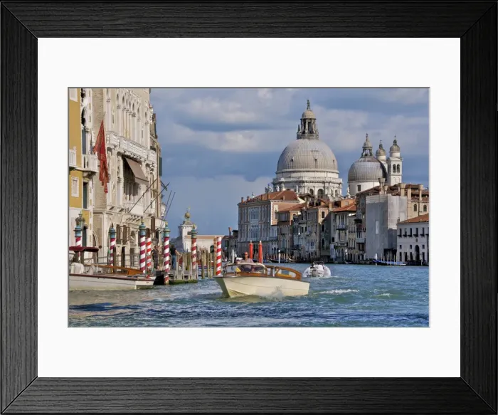 Framed Print : Taxi and boat on Grand Canal with palace facades and Salute church domes, San Marco, Venice, UNESCO World Heritage Site, Veneto, Italy, Europe Framed Print : Taxi and boat on Grand Canal with palace facades and Salute church domes, San Marco, Venice, UNESCO World Heritage Site, Veneto, Italy, Europe