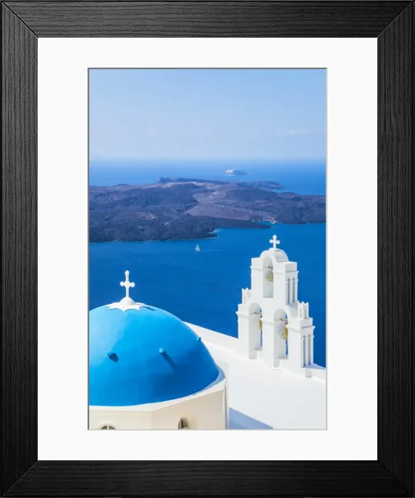Framed Print : Blue dome and bell tower, St. Gerasimos church, Firostefani, Fira overlooking the Aegean Sea, Santorini (Thira), Cyclades Islands, Greek Islands, Greece, Europe Framed Print : Blue dome and bell tower, St. Gerasimos church, Firostefani, Fira overlooking the Aegean Sea, Santorini (Thira), Cyclades Islands, Greek Islands, Greece, Europe
