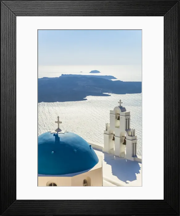 Framed Print : Blue dome and bell tower, St. Gerasimos church, Firostefani, Fira overlooking the Aegean Sea, Santorini (Thira), Cyclades Islands, Greek Islands, Greece, Europe Framed Print : Blue dome and bell tower, St. Gerasimos church, Firostefani, Fira overlooking the Aegean Sea, Santorini (Thira), Cyclades Islands, Greek Islands, Greece, Europe