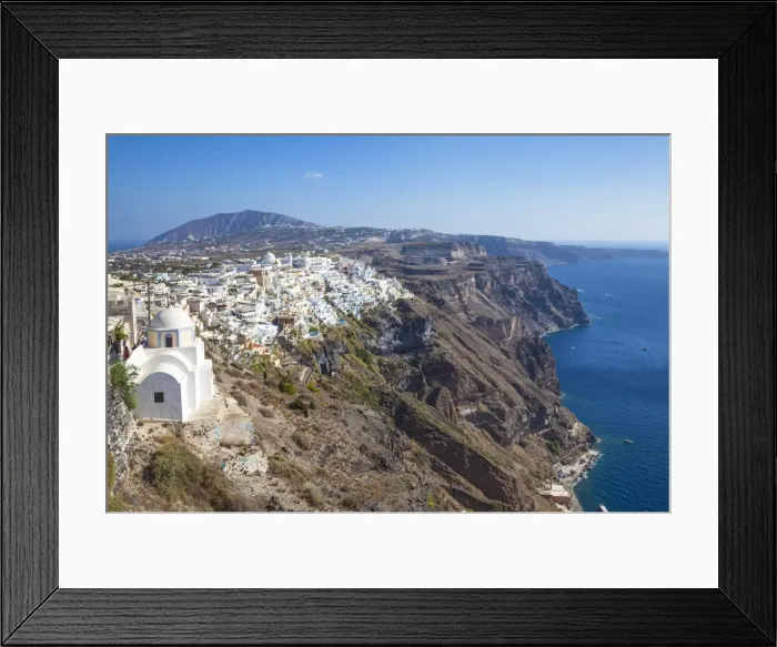 Framed Print : Fira town and greek Church of Saint Stylianos, Firostefani, Santorini (Thira), Cyclades Islands, Greek Islands, Greece, Europe Framed Print : Fira town and greek Church of Saint Stylianos, Firostefani, Santorini (Thira), Cyclades Islands, Greek Islands, Greece, Europe