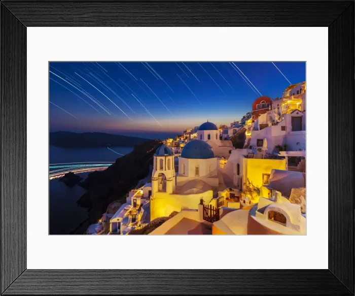 Framed Print : Oia village and churches with star trails after sunset, Santorini (Thira), Cyclades Islands, Greek Islands, Greece, Europe Framed Print : Oia village and churches with star trails after sunset, Santorini (Thira), Cyclades Islands, Greek Islands, Greece, Europe