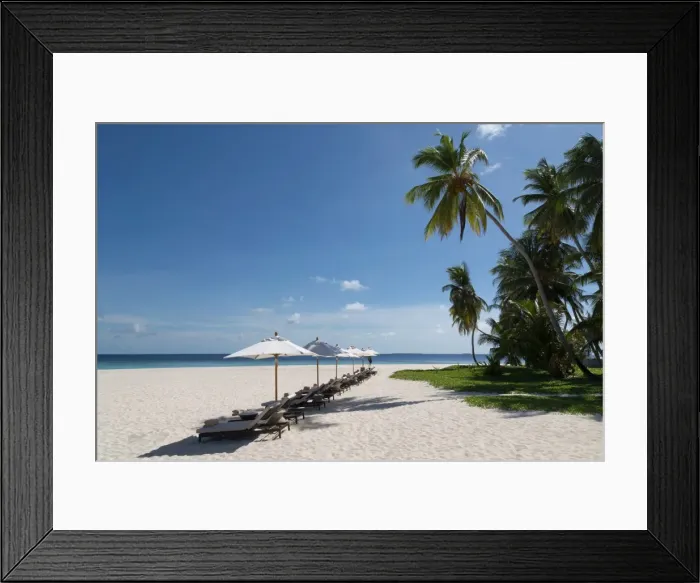 Framed Print : Sun loungers on the beach on an island in the Northern Huvadhu Atoll, Maldives, Indian Ocean, Asia Framed Print : Sun loungers on the beach on an island in the Northern Huvadhu Atoll, Maldives, Indian Ocean, Asia