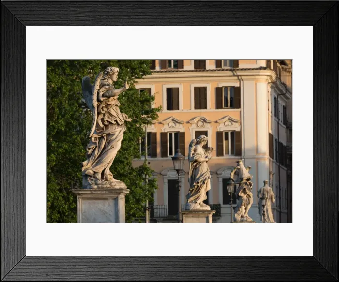 Framed Print : Angel statues on Ponte Sant Angelo with grand house behind, Rome, Lazio, Italy, Europe Framed Print : Angel statues on Ponte Sant Angelo with grand house behind, Rome, Lazio, Italy, Europe