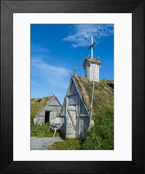 Framed Print : Traditional Viking buildings in the Norstead Viking Village and Port of Trade reconstruction of a Viking Age settlement, Newfoundland, Canada, North America