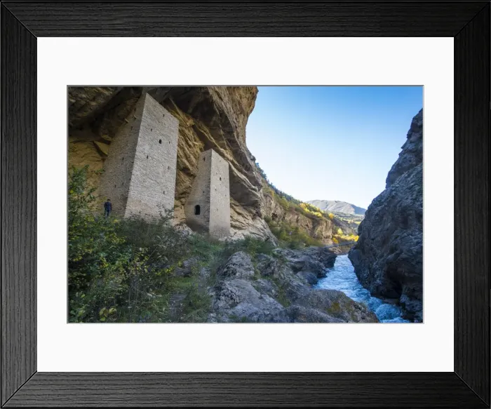 Framed Print : Chechen watchtowers in an overhanging cliff on the Argun River, near Irum Kale. Chechnya, Caucasus, Russia, Europe Framed Print : Chechen watchtowers in an overhanging cliff on the Argun River, near Irum Kale. Chechnya, Caucasus, Russia, Europe