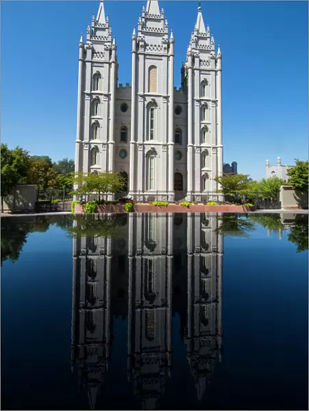 Mormon Salt Lake Temple reflecting in a little pond, Salt Lake City, Utah, United States of America, North America