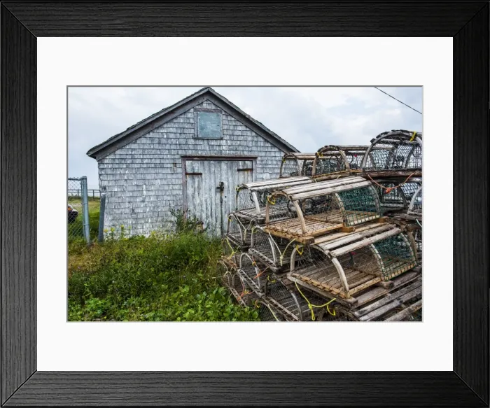 Framed Print : Fish traps in front of a shingle hut in Neils Harbour, Cape Breton Highlands National Park, Cape Breton Island, Nova Scotia, Canada, North America Framed Print : Fish traps in front of a shingle hut in Neils Harbour, Cape Breton Highlands National Park, Cape Breton Island, Nova Scotia, Canada, North America