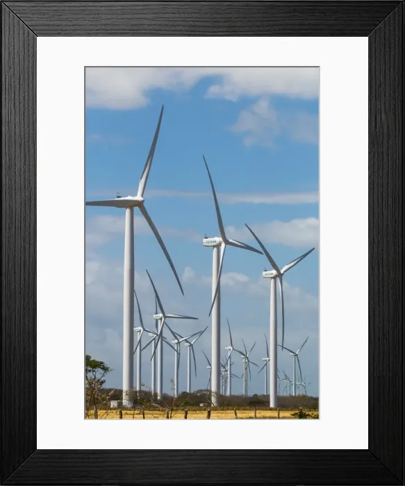 Framed Print : A group of 30 wind turbines by Lake Nicaragua, Nicaraguas first such facility name Amayo) with Concepcion Volcano beyond, Rivas, Nicaragua, Central America