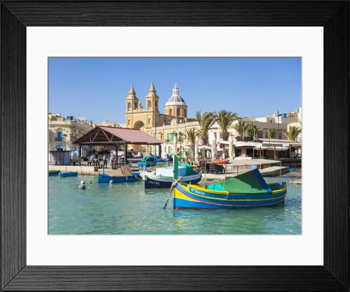 Framed Print : Marsaxlokk Harbour, Our Lady of Pompeii Church and traditional fishing boats, Marsaxlokk, Malta, Mediterranean, Europe Framed Print : Marsaxlokk Harbour, Our Lady of Pompeii Church and traditional fishing boats, Marsaxlokk, Malta, Mediterranean, Europe