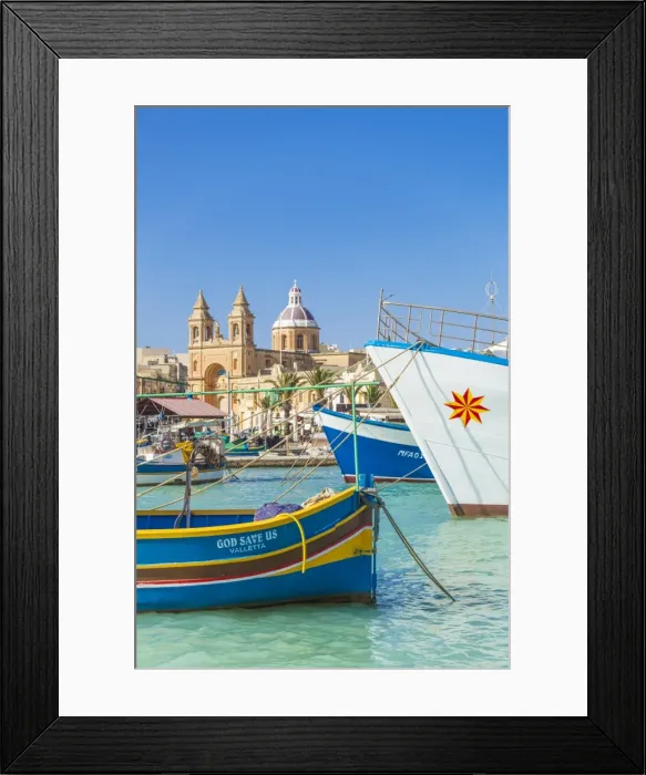 Framed Print : Marsaxlokk Harbour, Our Lady of Pompeii Church and traditional fishing boats, Marsaxlokk, Malta, Mediterranean, Europe Framed Print : Marsaxlokk Harbour, Our Lady of Pompeii Church and traditional fishing boats, Marsaxlokk, Malta, Mediterranean, Europe