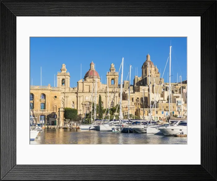 Framed Print : Vittoriosa waterfront wharf, St. Lawrences Church, Dockyard Creek, Birgu, The Three Cities, Valletta, Malta, Mediterranean, Europe Framed Print : Vittoriosa waterfront wharf, St. Lawrences Church, Dockyard Creek, Birgu, The Three Cities, Valletta, Malta, Mediterranean, Europe