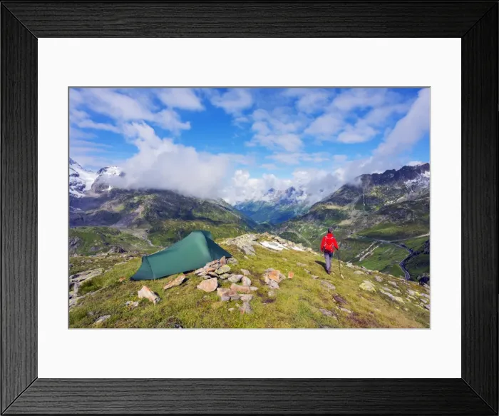 Framed Print : Hiker and camp site, Sustenpass (Susten Pass), Swiss Alps, Switzerland, Europe Framed Print : Hiker and camp site, Sustenpass (Susten Pass), Swiss Alps, Switzerland, Europe