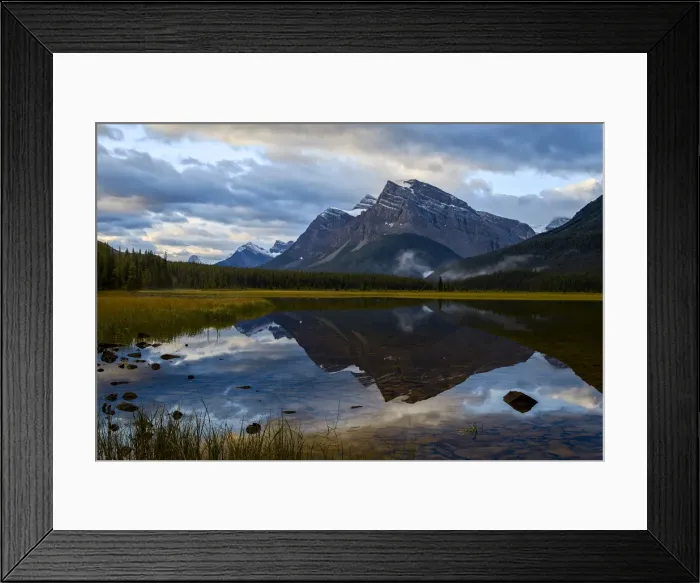 Framed Print : Mountain reflected in Waterfowl Lake at sunrise, Banff National Park, UNESCO World Heritage Site, Alberta, Rocky Mountains, Canada, North America Framed Print : Mountain reflected in Waterfowl Lake at sunrise, Banff National Park, UNESCO World Heritage Site, Alberta, Rocky Mountains, Canada, North America
