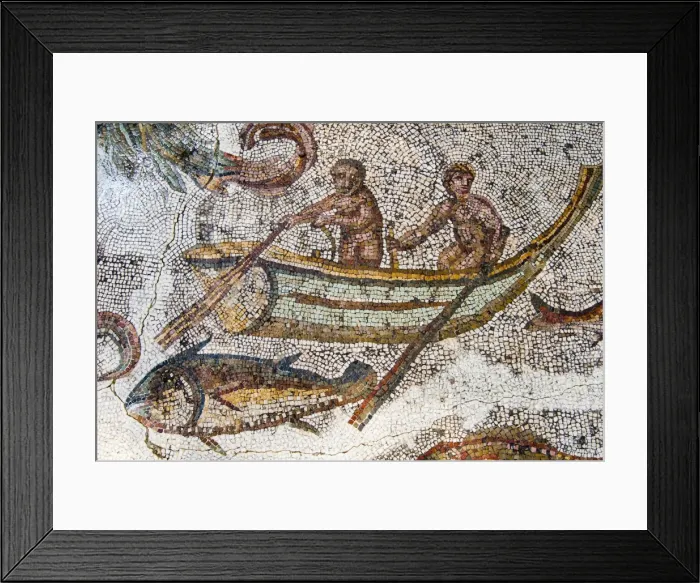 Framed Print : Mosaic of fishermen, Utica Punic and Roman archaeological site, Tunisia, North Africa, Africa