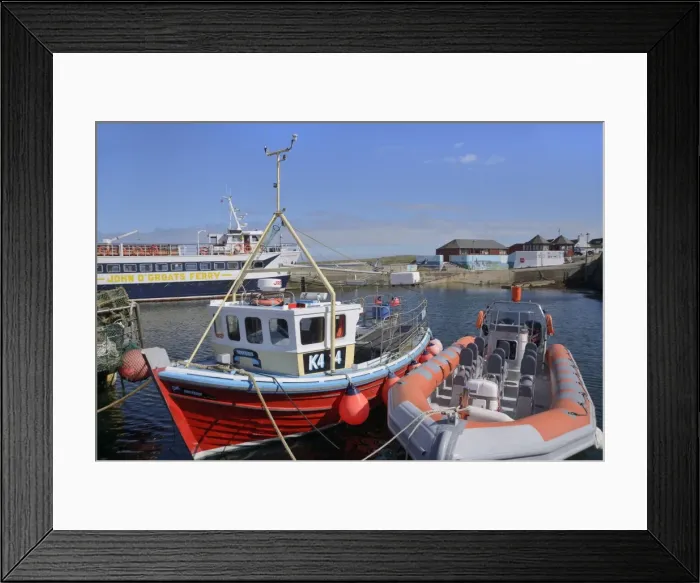 Framed Print : Fishing boat and rigid-inflatable boat in the harbour, John O Groats, Caithness, Highland Region, Scotland, United Kingdom, Europe Framed Print : Fishing boat and rigid-inflatable boat in the harbour, John O Groats, Caithness, Highland Region, Scotland, United Kingdom, Europe