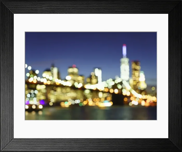 Framed Print : Defocussed view of Brooklyn Bridge and Lower Manhattan skyline at night, New York City, New York, United States of America, North America Framed Print : Defocussed view of Brooklyn Bridge and Lower Manhattan skyline at night, New York City, New York, United States of America, North America