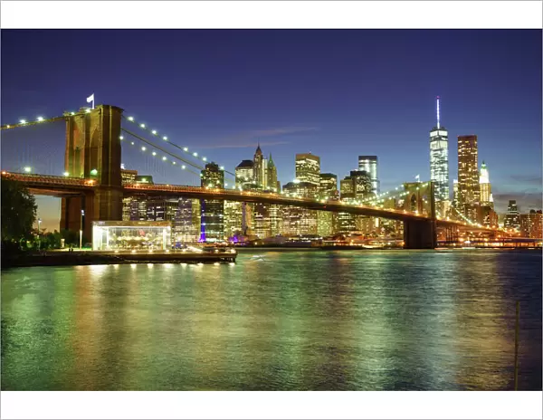 Brooklyn Bridge and Lower Manhattan skyline at night, New York City, New York, United States of America, North America