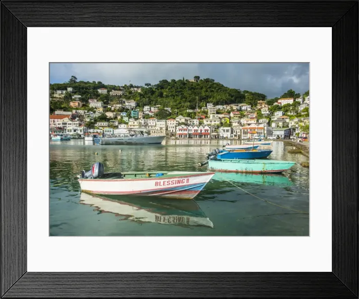 Framed Print : Little motoboat in the inner harbour of St. Georges, capital of Grenada, Windward Islands, West Indies, Caribbean, Central America Framed Print : Little motoboat in the inner harbour of St. Georges, capital of Grenada, Windward Islands, West Indies, Caribbean, Central America