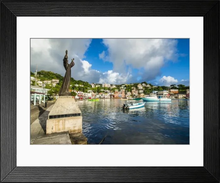 Framed Print : St. Georges statue in the inner harbour of St. Georges, capital of Grenada, Windward Islands, West Indies, Caribbean, Central America Framed Print : St. Georges statue in the inner harbour of St. Georges, capital of Grenada, Windward Islands, West Indies, Caribbean, Central America