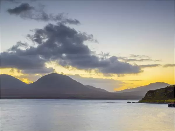 Isle of Jura and Paps of Jura Mountains across Bunnahabhain Bay and Sound of Islay from Islay, Argyll and Bute, Scotland, United Kingdom, Europe