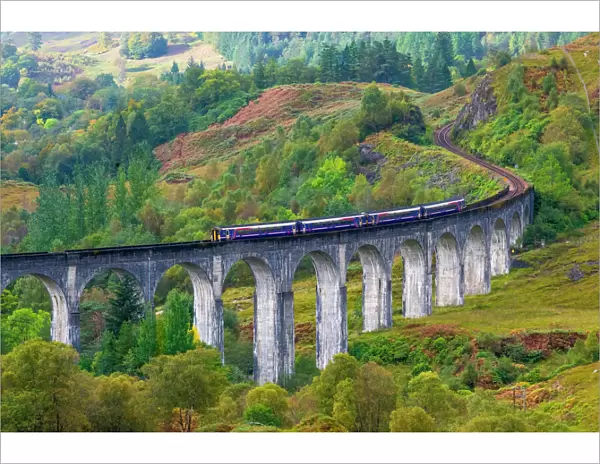 Train on the Glenfinnan Railway Viaduct, part of the West Highland Line, Glenfinnan, Loch Shiel, Highlands, Scotland, United Kingdom, Europe
