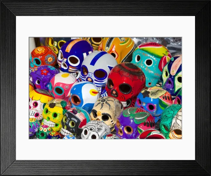 Framed Print : Painted skull souvenirs on market stall, Bucerias, Nuevo Vallarta, Nayarit, Mexico, North America Framed Print : Painted skull souvenirs on market stall, Bucerias, Nuevo Vallarta, Nayarit, Mexico, North America
