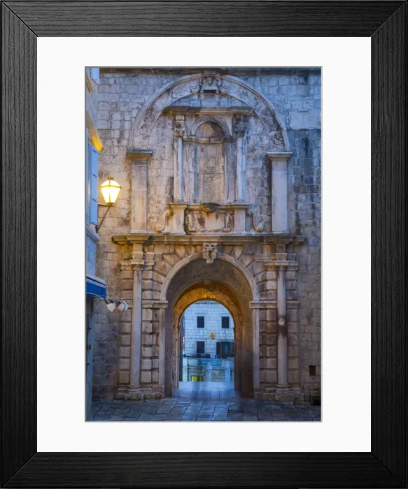 Framed Print : Land Gate illuminated at dusk, Stari Grad (Old Town), Korcula Town, Korcula, Dalmatia, Croatia, Europe Framed Print : Land Gate illuminated at dusk, Stari Grad (Old Town), Korcula Town, Korcula, Dalmatia, Croatia, Europe