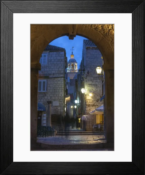 Framed Print : St. Marko Bell Tower and Land Gate illuminated at dusk, Korcula Town, Korcula, Dalmatia, Croatia, Europe Framed Print : St. Marko Bell Tower and Land Gate illuminated at dusk, Korcula Town, Korcula, Dalmatia, Croatia, Europe
