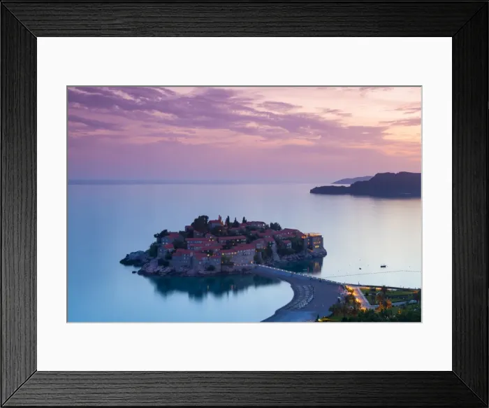 Framed Print : Elevated view over the picturesque island of Sveti Stephan illuminated at dusk, Sveti Stephan, Montenegro, Europe Framed Print : Elevated view over the picturesque island of Sveti Stephan illuminated at dusk, Sveti Stephan, Montenegro, Europe