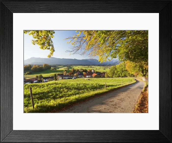 Framed Print : View from Aidlinger Hoehe over Aidling am Riegsee to Wettersteingebirge mountains, Upper Bavaria, Bavarian Alps, Bavaria, Germany, Europe